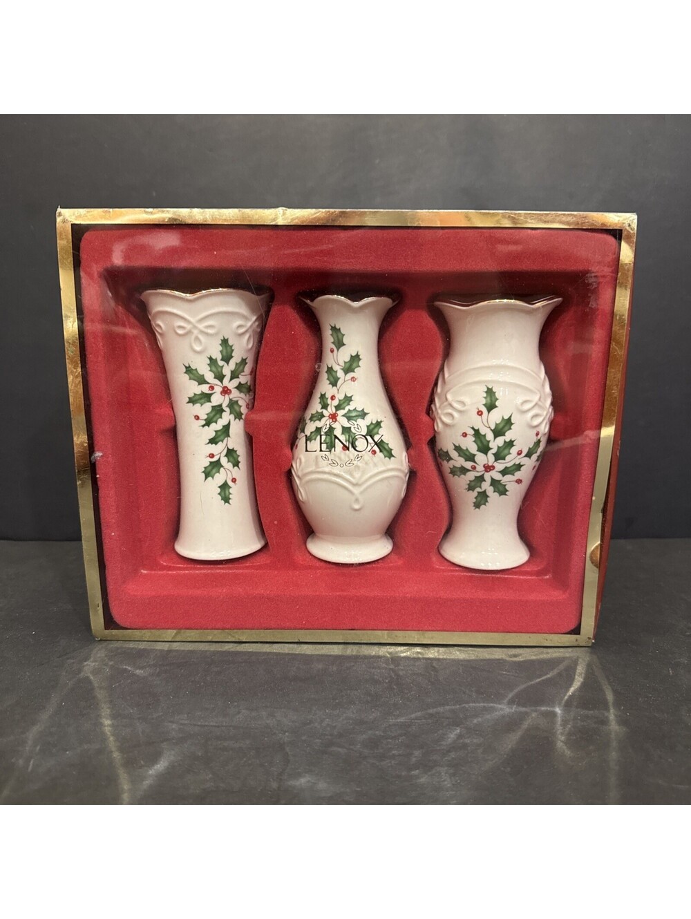 New Lenox Holiday Bud Vases Set of 3 Ivory China Gold Trim 5” H Dimension Col
